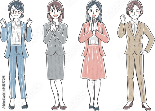 ビジネス女性　表情ポーズの全身イラストセット（ガッツポーズ　憧れ　納得）