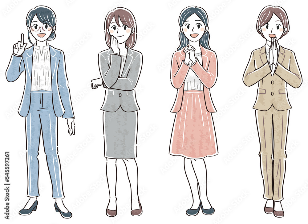 ビジネス女性 表情ポーズの全身イラストセット(説明する 考える 憧れ 手を打つ) ビジネス女性 表情ポーズの全身イラストセット(説明する 考える 憧れ 手を打つ)