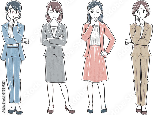 ビジネス女性　表情ポーズの全身イラストセット（考える　悩む　不安　困る）