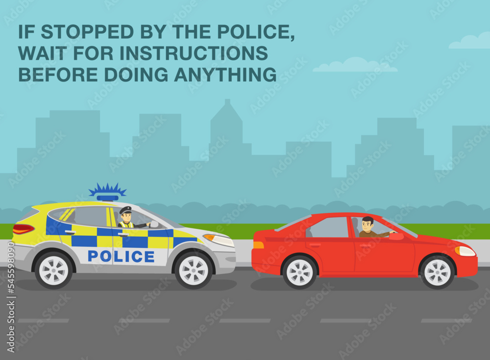 European traffic police officer pulls over a red sedan car on a city road. If stopped by police, wait for instructions. Young male driver looks back. Flat vector illustration template.