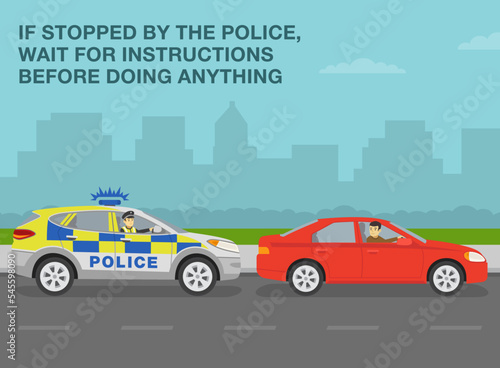 European traffic police officer pulls over a red sedan car on a city road. If stopped by police  wait for instructions. Young male driver looks back. Flat vector illustration template.