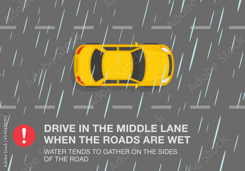 Safe car driving tips and rules. Driving on a rainy and slippery road. Drive in the middle lane when the roads are wet. Top view. Flat vector illustration template.
