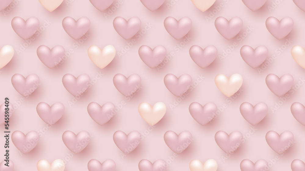 Seamless background with many realistic pastel pink and pearl white hearts on light pink background. Seamless background with many realistic pastel pink and pearl white hearts on light pink background.