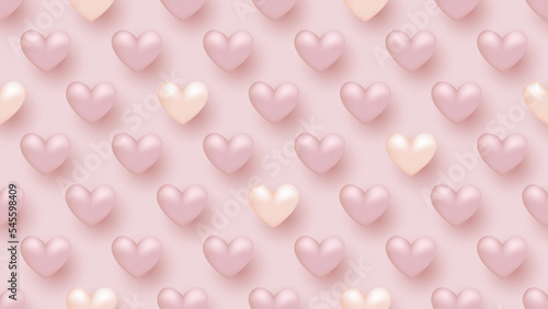 Seamless background with many realistic pastel pink and pearl white hearts on light pink background.