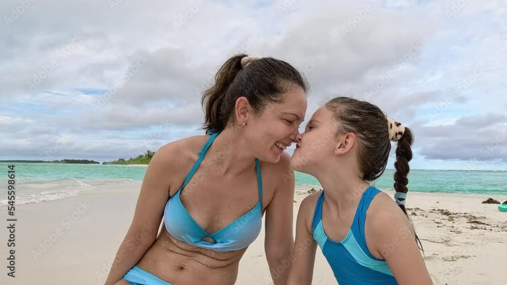 Mother With Child Daughter Together On Beach Mother With Child Daughter Together On Beach