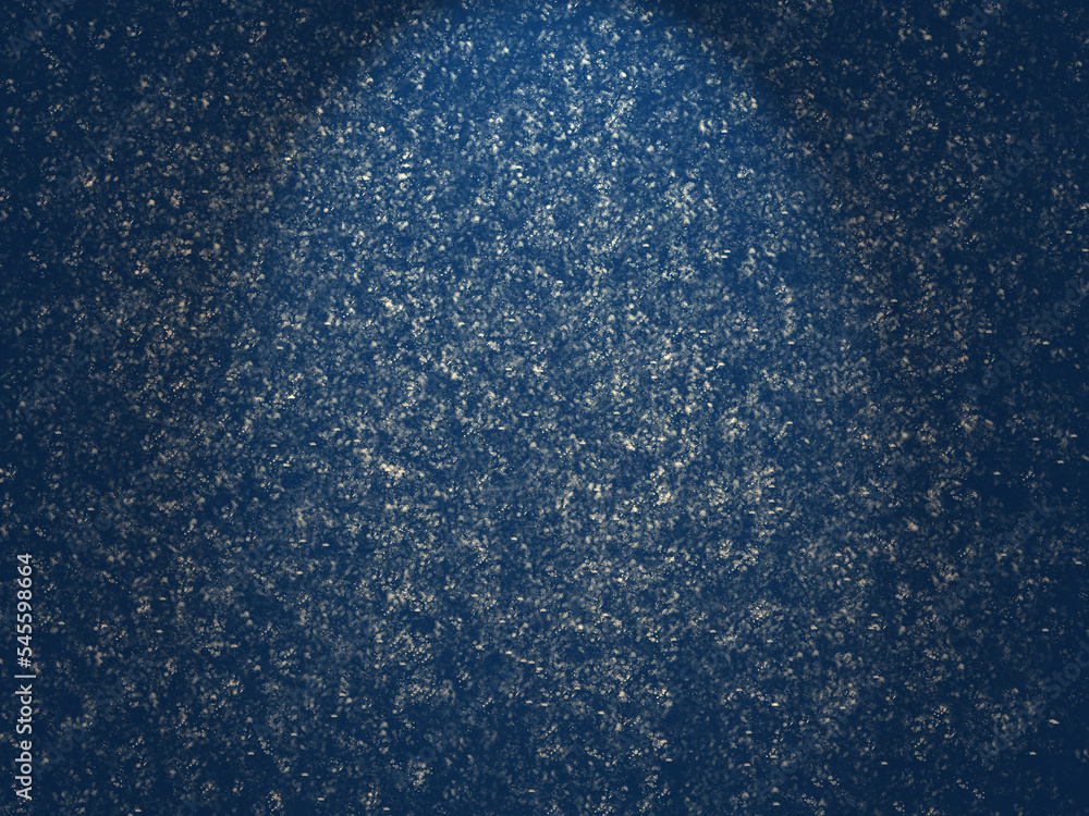 Blue Christmas background with gold snowflakes and blurry lights, illustration.