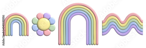 3D pastel ranbow and flower set. Y2k stickers in trendy plastic style. Vector illustration with plasticine effect isolated on withe background. 3D render. photo