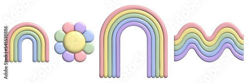 3D pastel ranbow and flower set. Y2k stickers in trendy plastic style. Vector illustration with plasticine effect isolated on withe background. 3D render.