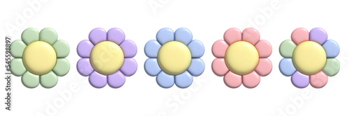 3D pastel flower set. Y2k daisy stickers in trendy plastic style. Vector illustration with plasticine effect isolated on withe background. 3D render.