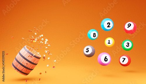 3d Wood barrel with flying coins with colorful lottery balls on orange background. Gambling concept design. 3d rendering illustration