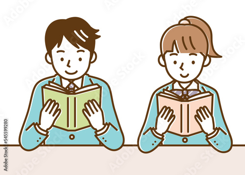 制服を着た本を読む男女の学生_セット