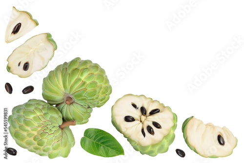 Sugar apple or custard apple isolated on white background with. Exotic tropical Thai annona or cherimoya fruit. Top view. Flat lay