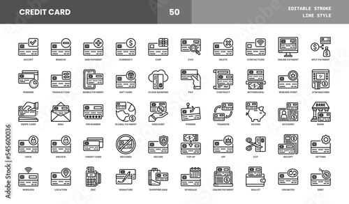 Set of Credit Card Vector Line Icons. Consist Icons as Deposit or Withdraw Funds, Money Transfer, Payment, Contactless and more. Editable Stroke and pixel perfect.