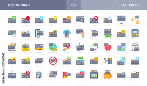 Set of Credit Card Vector Flat Icons. Consist Icons as Deposit or Withdraw Funds, Money Transfer, Payment, Contactless and more.