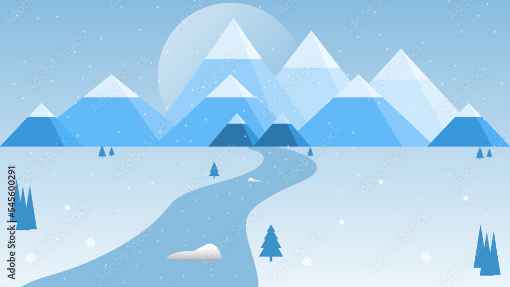Fototapeta premium Winter snow merry christmas season at the blue mountain hill and the snow lake sunlight illustration