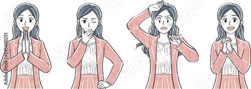 ビジネスジャケットの女性　表情ポーズの上半身イラストセット（気づく　考える　ショック　憧れ）