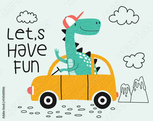  cute dinosaur with car. T-shirt graphics for kids vector illustration. 
