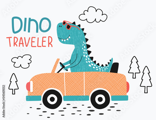  cute dinosaur with car. T-shirt graphics for kids vector illustration. 