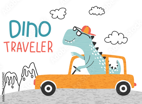  cute dinosaur with car. T-shirt graphics for kids vector illustration. 