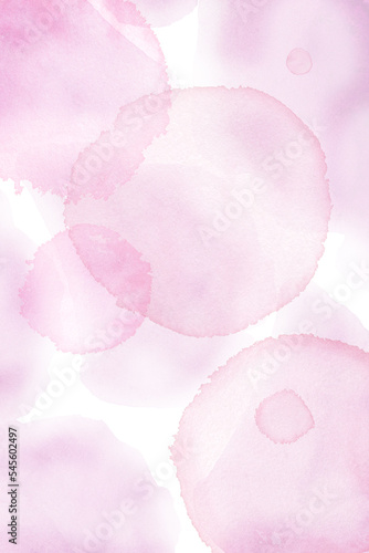 Abstract watercolor pink hand drawn background. Transparent spots and splashes. Light and delicate backdrop for a wedding invitation. Soap bubble effect. Holiday template.