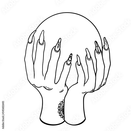 Witch hands hold a prediction ball. Outline vector drawing, design for magician, witchcraft, esoteric, occult banners, popsters, backgrounds.