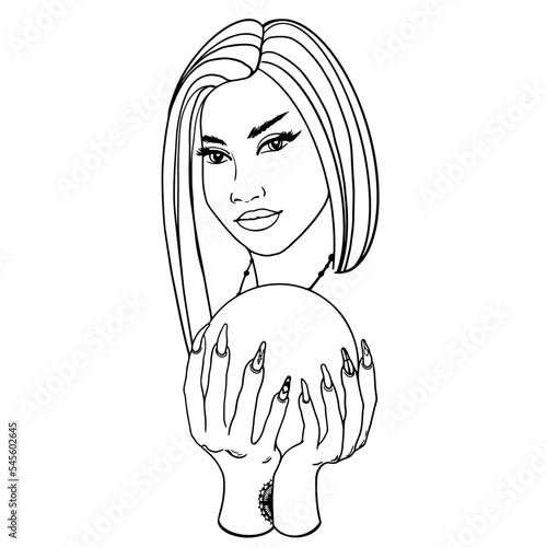 Witch hold in her hands a prediction ball. Pretty young woman hold a prediction ball outline vector drawing. Design for magic, wizardry, witchcraft, occult, tarot cards.