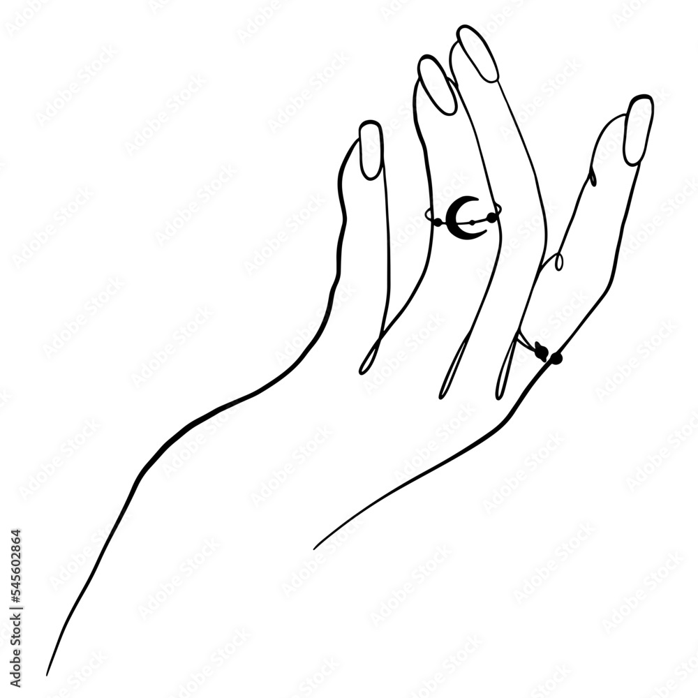 Linear woman hand illustration. Woman witch's hand vector outline drawing with a celestial rings. Design for tattoo, tarot cards, witchcraft, wizardry, esoteric, occult. Linear woman hand illustration. Woman witch's hand vector outline drawing with a celestial rings. Design for tattoo, tarot cards, witchcraft, wizardry, esoteric, occult.