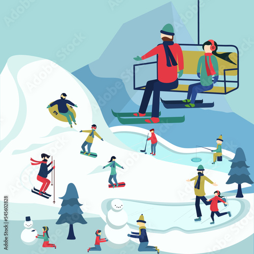people on the snow mount or mountain play for ice ski, snowboarding, ice hockey, ice skating, slide, and many more on winter holiday. vector illustration 