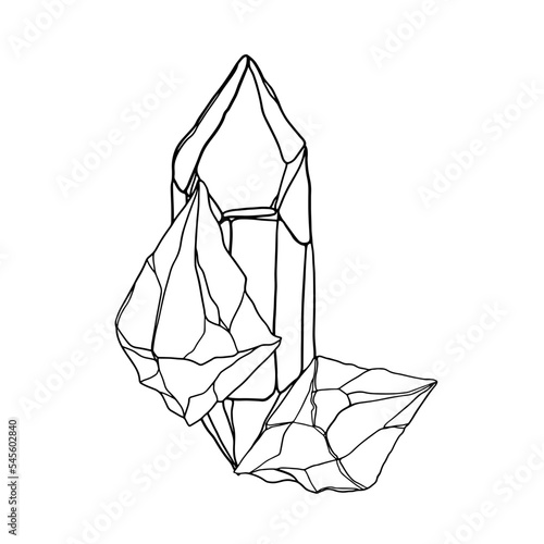 Crystal cluster outline vector drawing. Oneline crystals in a black and white, isolated on a transparent background.
