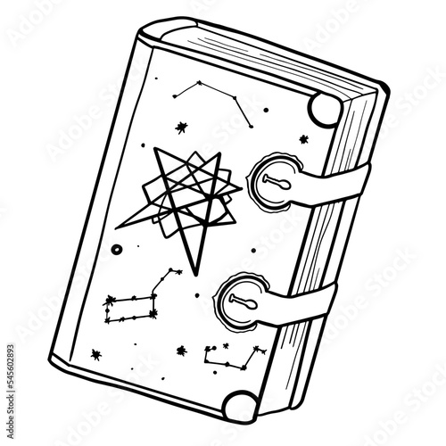 Astrology magic book - decorative outline magic book with Star constellations in a flat vector style. Witchcraft, astrology, magic, occult, wizardry, tarot cards poster, banner, background.