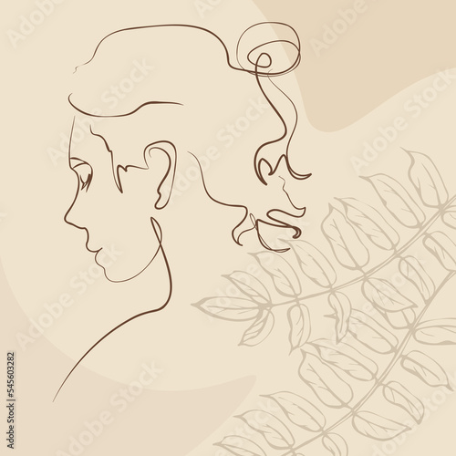 One continuous line hand drawn vector art with beautiful woman face in elegant curve. Skin color palette, abstract forms. Modern simplistic design for fashion, wall art, print, tattoo, cover, card.