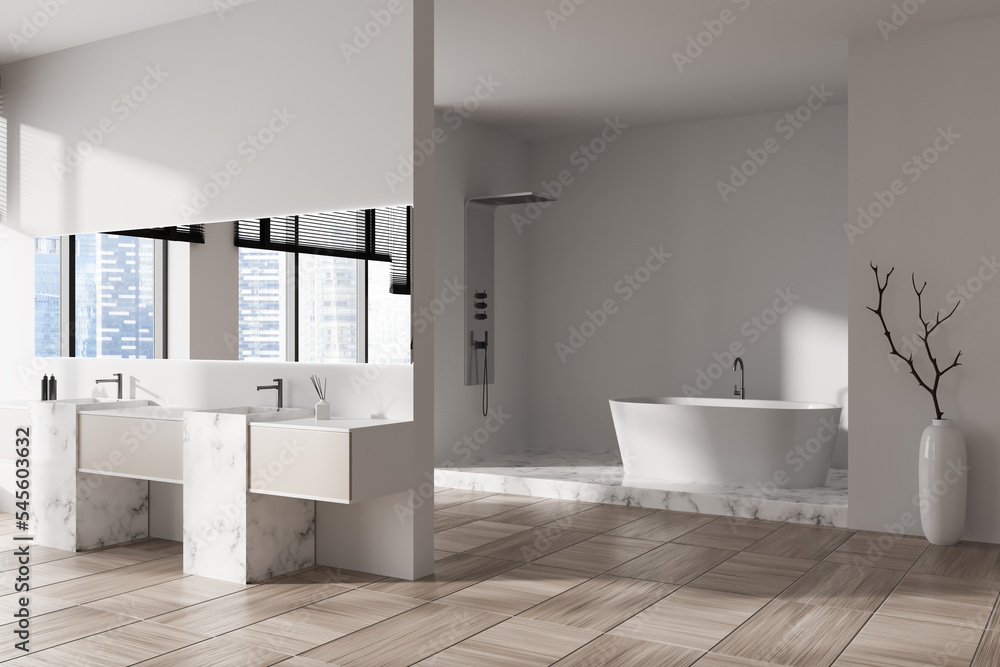 Fototapeta premium Light bathroom interior with double sink, douche and bathtub. Mockup wall