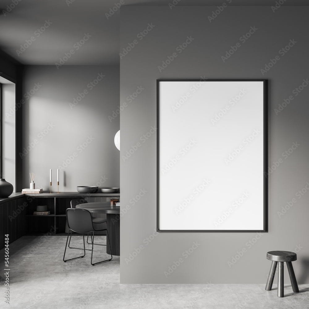 Front view on dark dining room interior with empty poster Front view on dark dining room interior with empty poster
