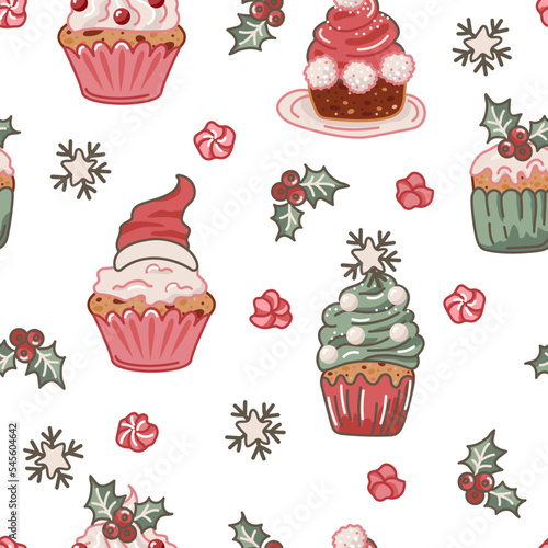 Christmas and New Year seamless pattern with winter holiday cupcakes. Vector illustration.