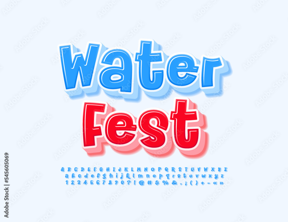 Vector funny template Water Fest. Playful blue 3D Font. Playful Alphabet Letters, Numbers and Symbols set. 