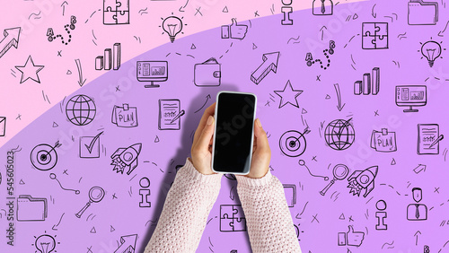 Smartphone in the hands of a person. Various icons as symbols of programs to use.