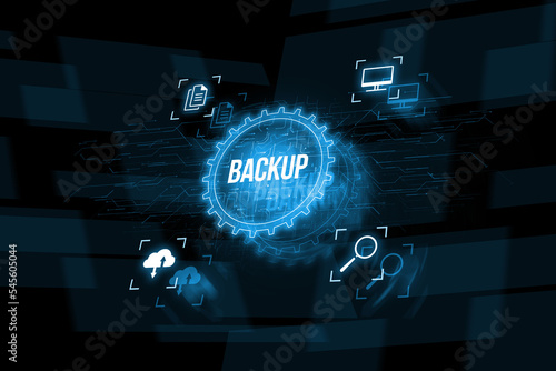 Data backup for data recovery to original or new location. Abstract hologram with icons