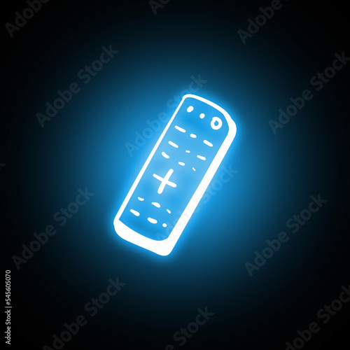 Hand drawn TV remote control icon in hologram and neon style with glow