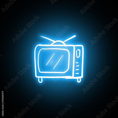 Hand drawn tv vintage icon in hologram and neon style with glow