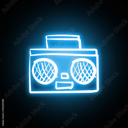 Hand drawn vintage portable tape recorder icon in hologram and neon style with glow
