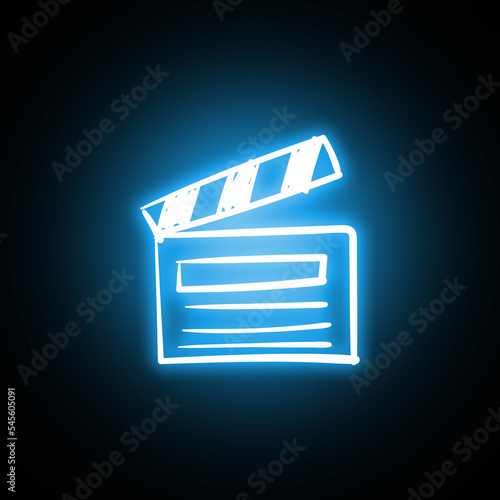 Hand drawn Clapperboard or Filming tool icon in hologram and neon style with glow