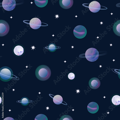 Vector space seamless background with planets and stars. Bright repeating texture with cosmic elements. design for  fabric and wrapping paper.