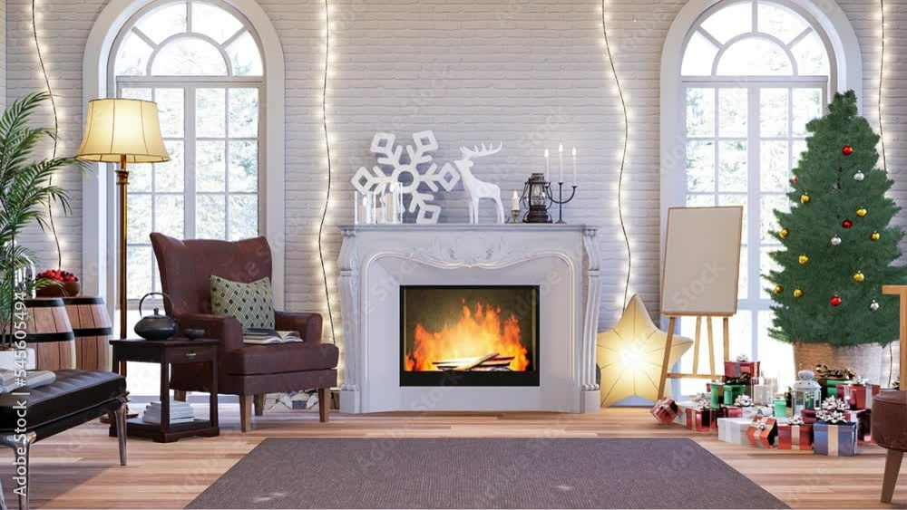Animation of vintage style living room with christmas concept 3d render,The room has white brick wall  wooden floors decorated with luxury fireplace,The arched windows look out to the snow scene.