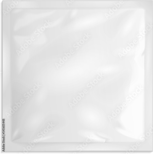 Mockup White Blank Retort Foil Pouch Packaging Medicine Drugs Or Coffee, Salt, Sugar, Sachet, Sweets Or Condom. Illustration Isolated On White Background. Mock Up Template Ready For Your Design.