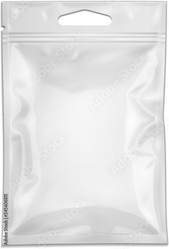 Mockup White Blank Filled Retort Foil Pouch Bag Packaging With Zipper, Hang Slot. Medicine Drugs Or Food Product. Illustration Isolated On White Background. Mock Up Template Ready For Your Design.