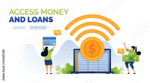 illustration of coins with dollar sign and spreadsheet software on laptop. financial literacy and investment with technology  access for banking sector. can use for ad, poster, campaign, website, apps