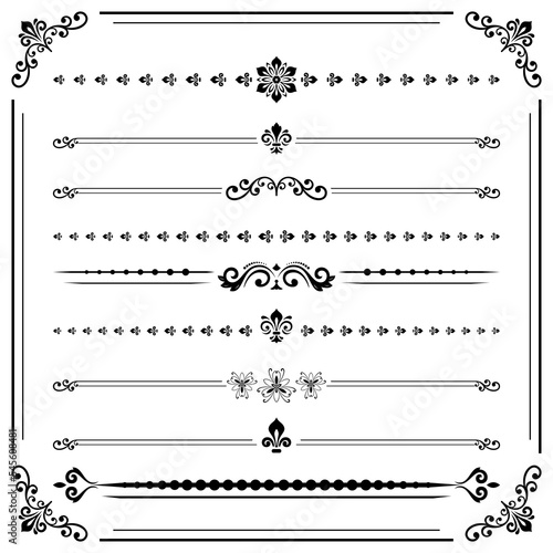 Vintage set of decorative elements. Horizontal black separators in the frame. Collection of different ornaments. Classic patterns. Set of vintage patterns