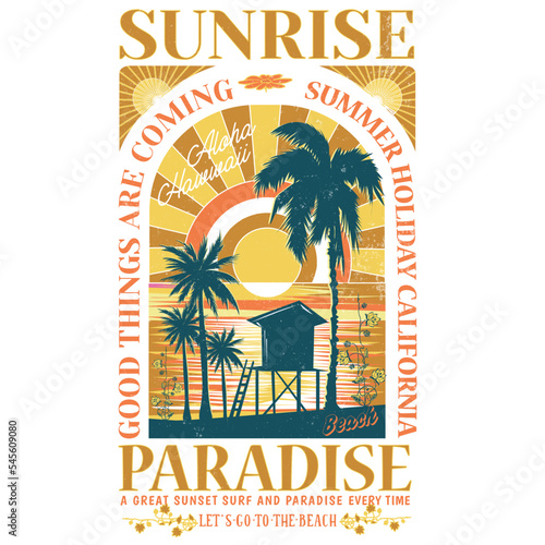 Summer Beach Graphic tee prints for Women's, Beach vibes vintage graphic print design for apparel and others. Flamingo island artwork design.
