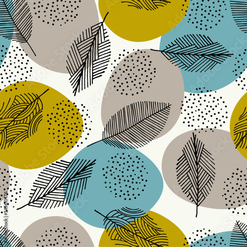 Scandinavian print style scattered leaves seamless vector pattern background. Simple lino cut effect skeleton leaf foliage on abstract backdrop. 