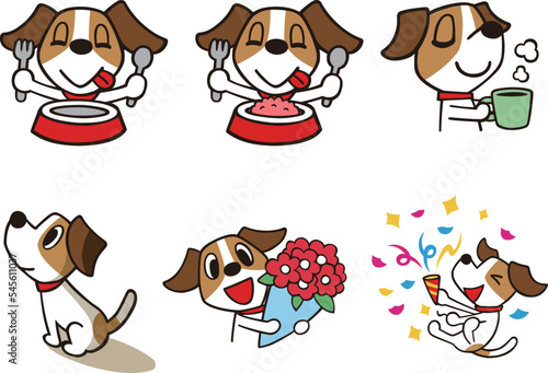 ジャックラッセルテリア犬　セット9　黒線　(いただきます、ごちそうさま、花束、他)